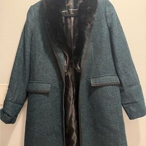 Banana Republic Teal Pea Coat with Black Faux Fur Collar